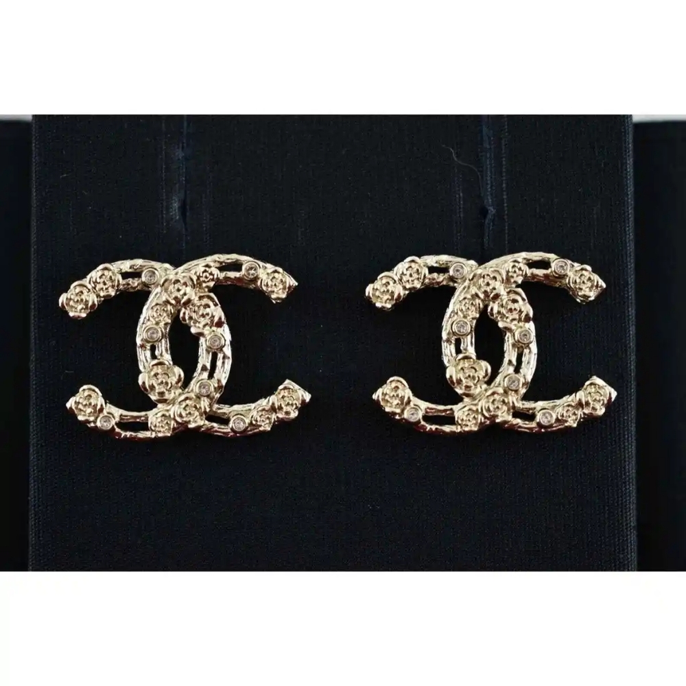 Chanel Gold Crystal CC Logo Large Stud Earrings